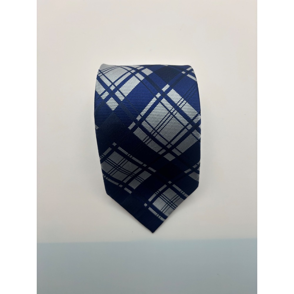 Mens Navy Blue Silver Plaid Silk Necktie Handmade Formal Business Tie